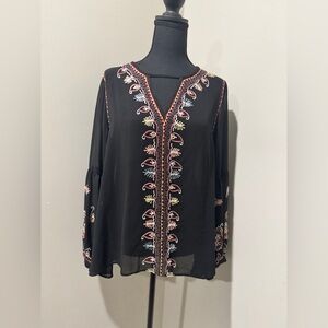 Love Sam Black Blouse Colorful Embroidery Cottagecore Western Boho Womens Small